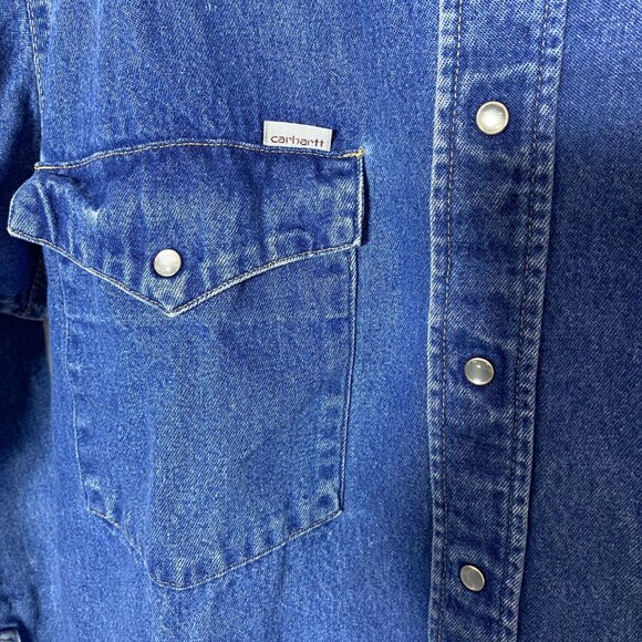 Carhartt VTG Mens‎ Rugged Pearl Snap Denim Shirt L-XL Long Sleeve Brushpopper - Picture 2 of 14